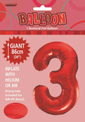 red colour; foil material; number 3 shape; packaging with hanging tab; 34 inch size indicated;