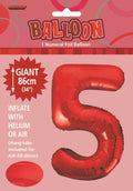 Red colour; Foil material; Number 5 shape; 34 inch (86cm) size; Packaging with 'BALLOON' header and Meteor brand;