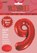 Red colour; Foil material; Number 9 shaped; 34 inch size; Packaged with header card;