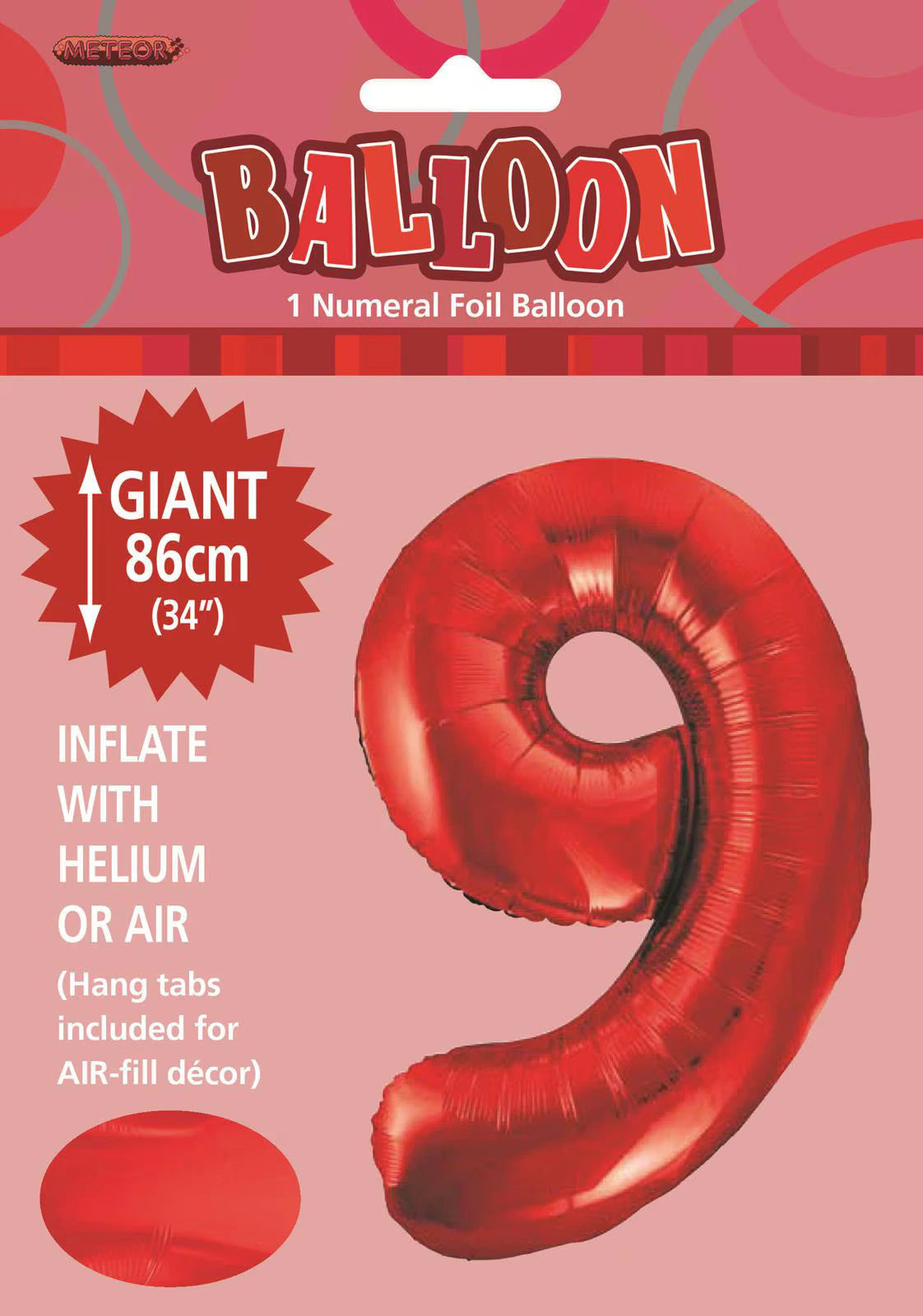 Red colour; Foil material; Number 9 shaped; 34 inch size; Packaged with header card;