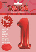 Red foil balloon shaped as number 1; Giant size 86cm (34 inches); Glossy, metallic finish; Packaging shows hanging slot and product label; Bright ruby red colour;