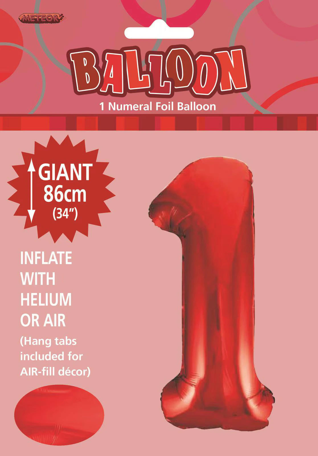 Red foil balloon shaped as number 1; Giant size 86cm (34 inches); Glossy, metallic finish; Packaging shows hanging slot and product label; Bright ruby red colour;