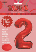 red foil material; number 2 shape; 34 inch / 86 cm size; inflatable balloon; packaging with hang tab;