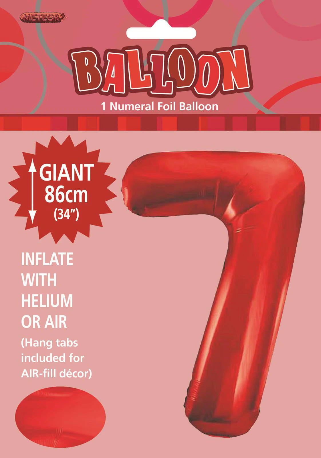 Red colour; Number 7 shape; Foil material; Glossy finish; Packaging with 'BALLOON' title;