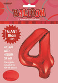 large red foil balloon shaped as number 4; shiny foil material; packaging shows size 86cm (34 inches); includes hang tabs for air inflation;
