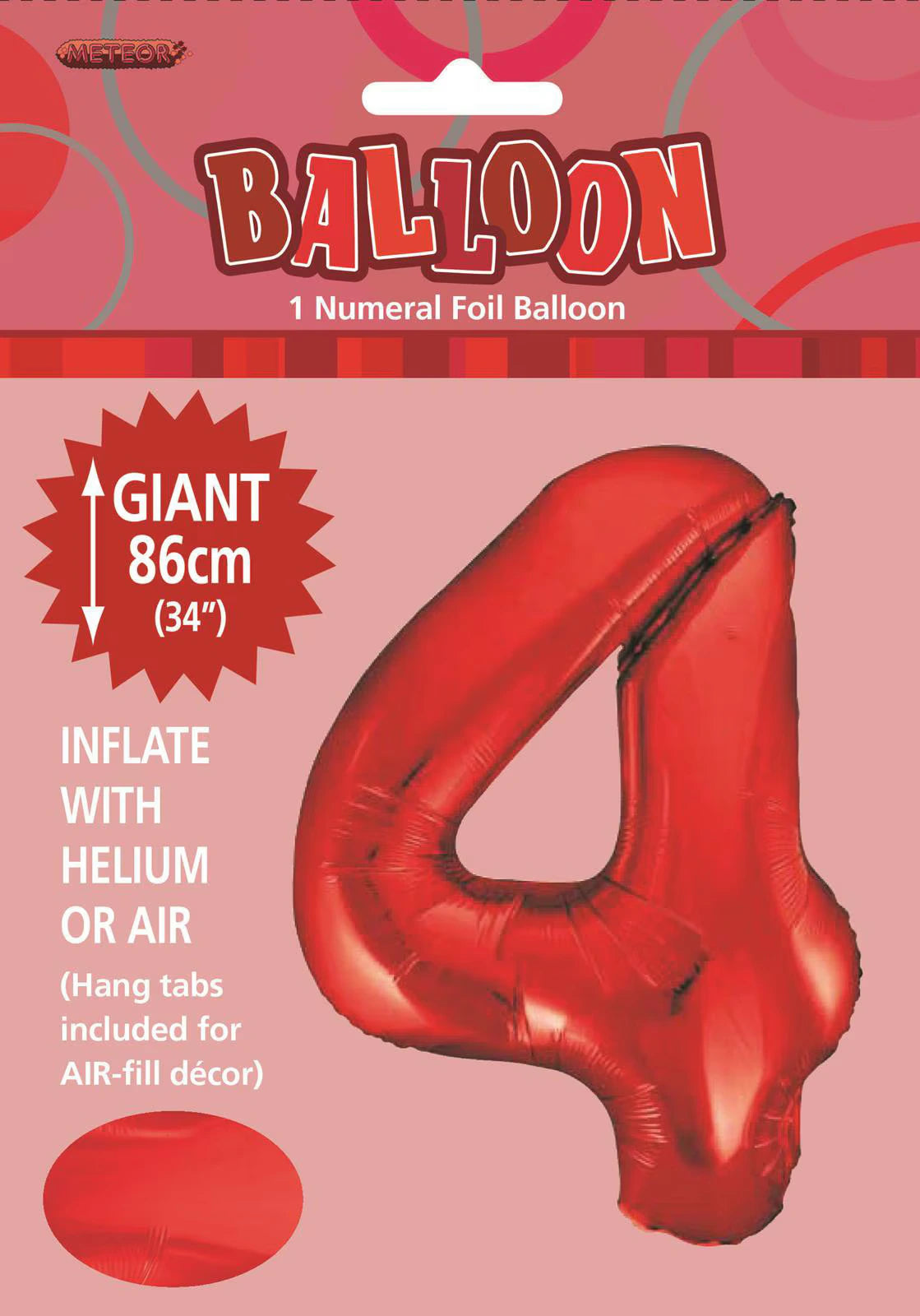 large red foil balloon shaped as number 4; shiny foil material; packaging shows size 86cm (34 inches); includes hang tabs for air inflation;
