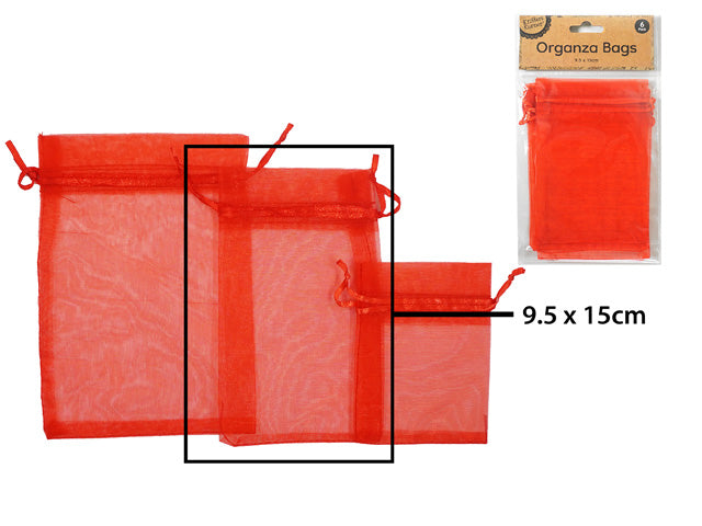 bright red colour; 9.5 x 15 cm size; semi-transparent organza fabric; drawstring closure; packaged set of 6 bags;