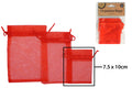 red colour; 7.5 x 10 cm size; sheer organza fabric; drawstring closure; pack of 6 bags in plastic packaging;