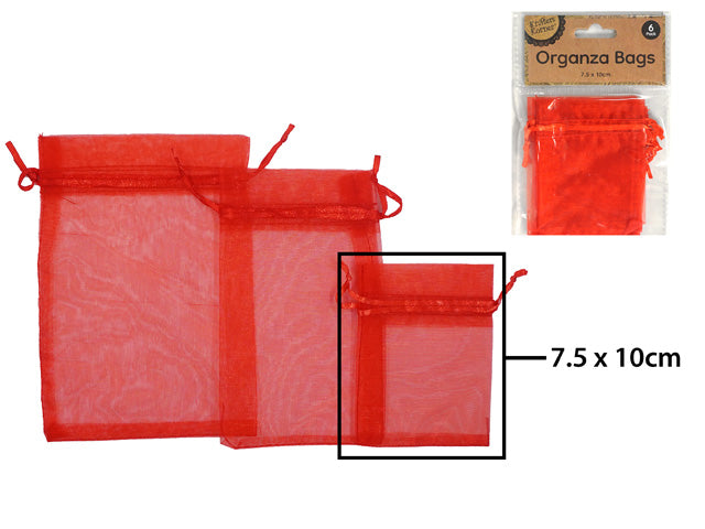 red colour; 7.5 x 10 cm size; sheer organza fabric; drawstring closure; pack of 6 bags in plastic packaging;