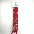 Red bandana with white paisley pattern; Narrow rectangular folded shape; Soft fabric appearance; Packaged on white card with brand logo;