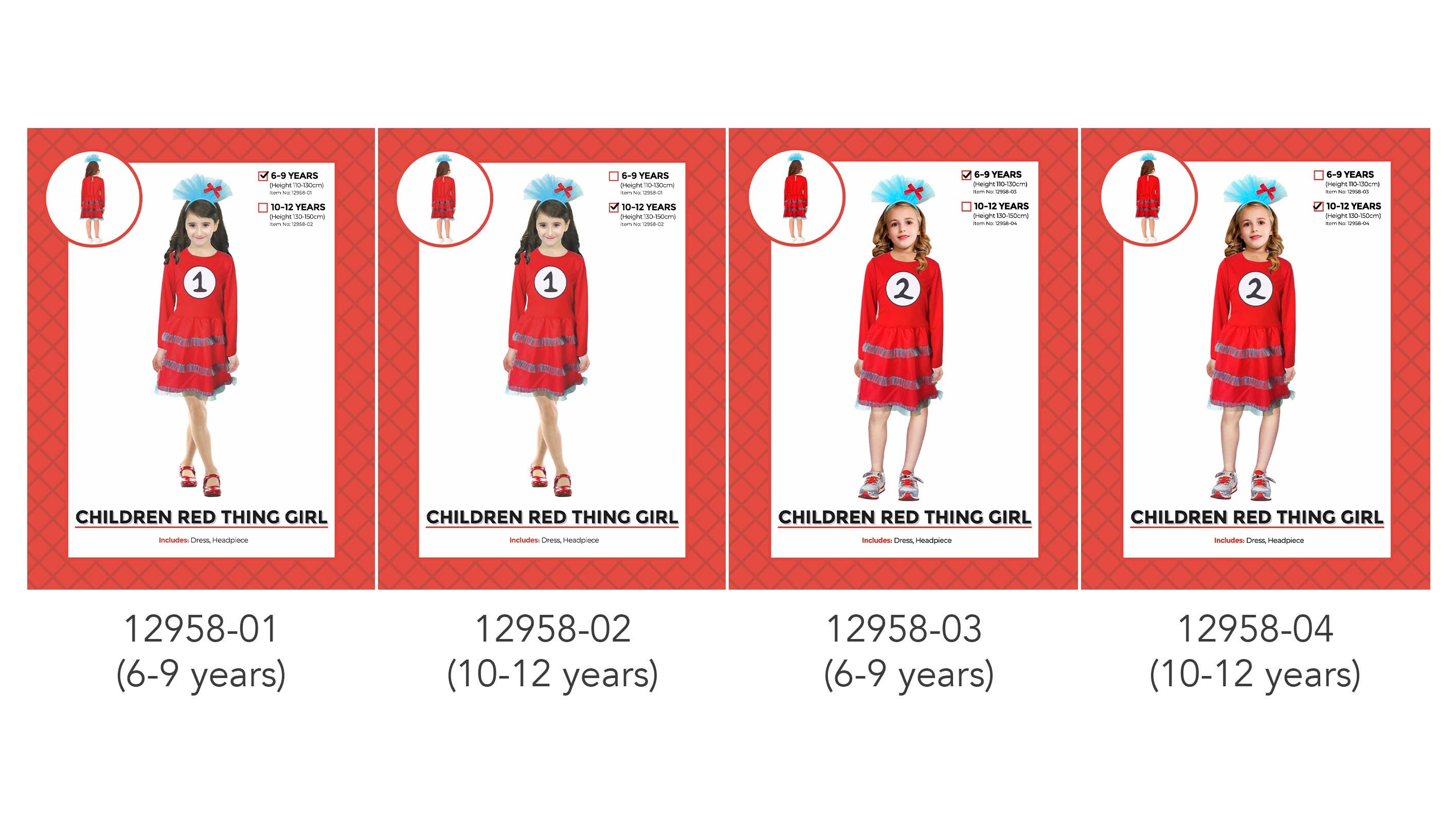 Red long sleeve dress with large white circle and number 1 or 2; Blue tulle trim on skirt; Matching blue tulle headpiece with red bow; Available in sizes 6-9 years and 10-12 years; Number 1 and 2 printed clearly on front;