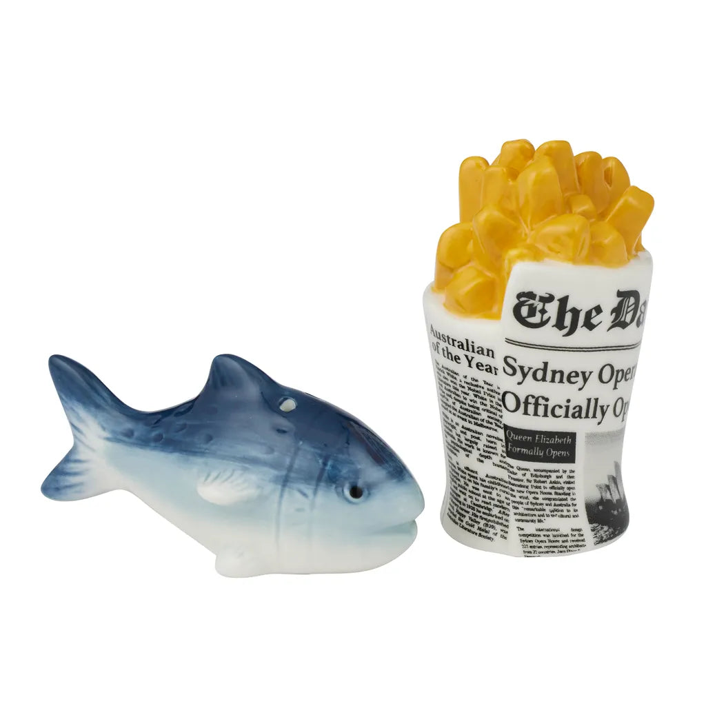 Two-piece ceramic set; Fish-shaped salt shaker; Chips container pepper shaker; Printed newspaper design on chips container; Colours include blue, white and yellow;
