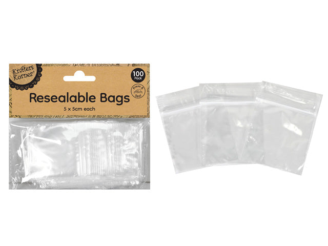 pack contains 100 resealable bags; bags are clear plastic; bags measure 5x5cm; kraft paper header packaging with black print;