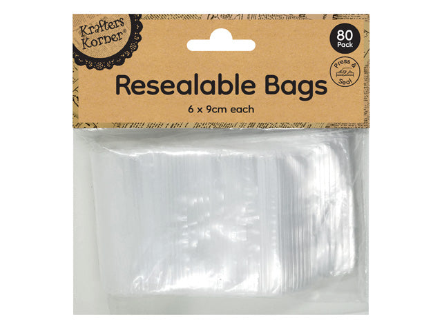 clear plastic bags; press and seal closure; 80 bags per pack; 6 x 9 cm bag size; kraft paper header packaging;