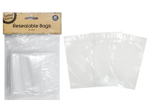 Clear plastic material; Resealable zip lock closure; 80 bags in pack packaging; 8x12 cm size; Krafters Korner branding on cardboard header;