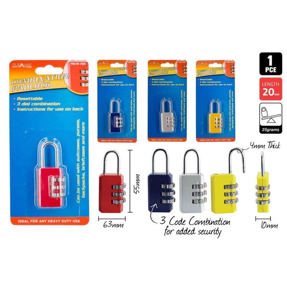 3-dial combination padlock; four colours: red, blue, white, yellow; compact rectangular shape; metal shackle with 10mm thickness; packaged with blue and orange cardboard backing;