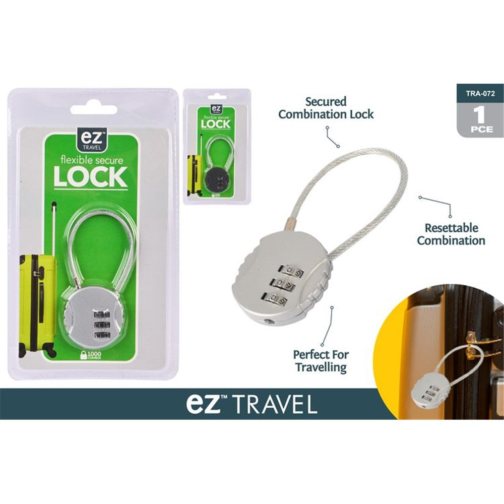 silver round lock body; flexible steel cable shackle; 3-digit combination dials; green packaging with luggage image; compact size suitable for travel;