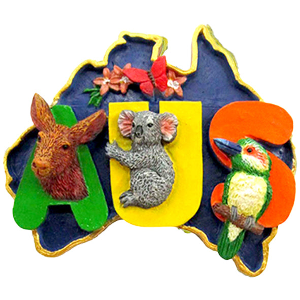 map of Australia shape; blue background with gold trim; figures of kangaroo, koala, kookaburra; letters A, U, S in green, yellow, orange; flower and butterfly details;