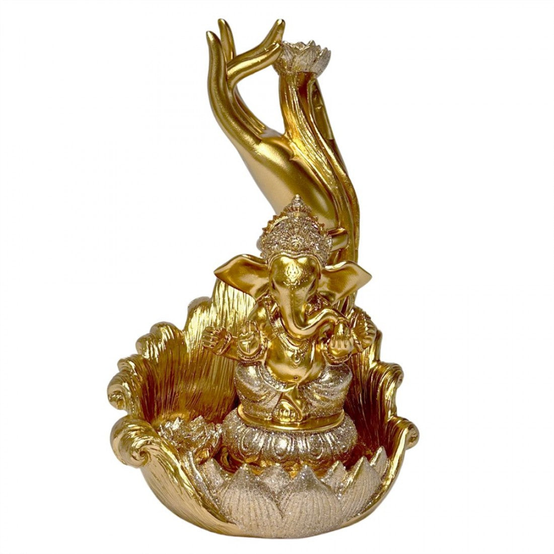 Gold-tone resin incense burner; Features a seated elephant-headed figure; Decorative bowl-shaped base with petal-like edges; Upright sculpted hand holds a small lotus-shaped holder;