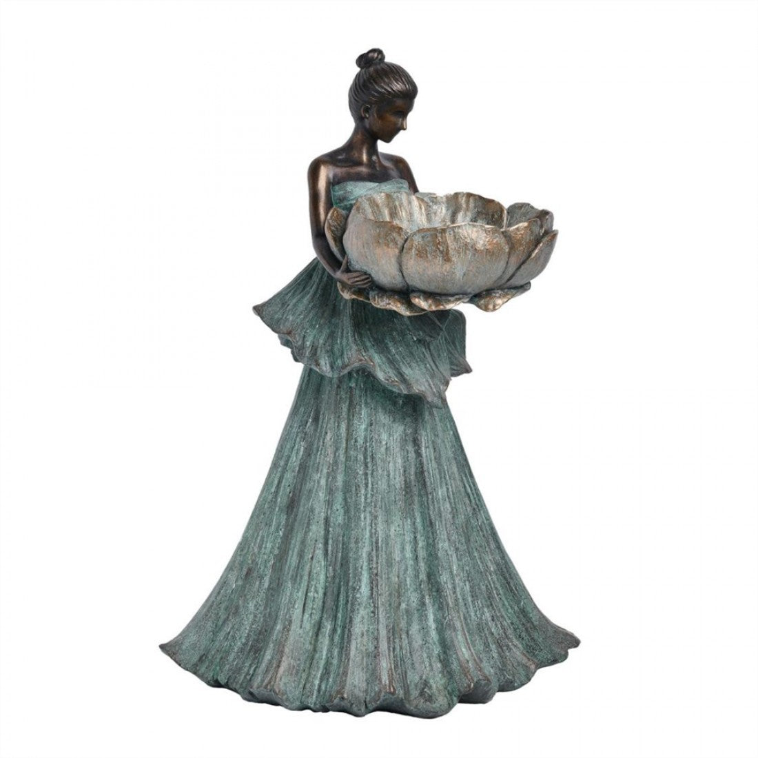 Figurine of a woman holding a large flower-shaped bowl; Bell-shaped, flowing dress with textured vertical lines; Aged bronze look on skin and bowl edges; Green patina-style finish on dress; Hair styled in a neat bun;