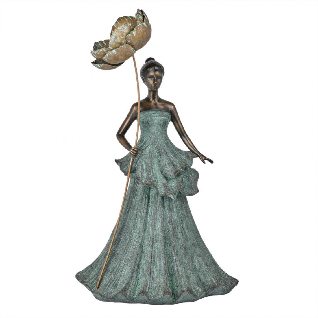 Figurine of a lady in a long flowing strapless gown; Distressed green patina-style finish on dress; Bronze-toned skin and hair in a bun; Tall metal flower stem with large peony bloom;