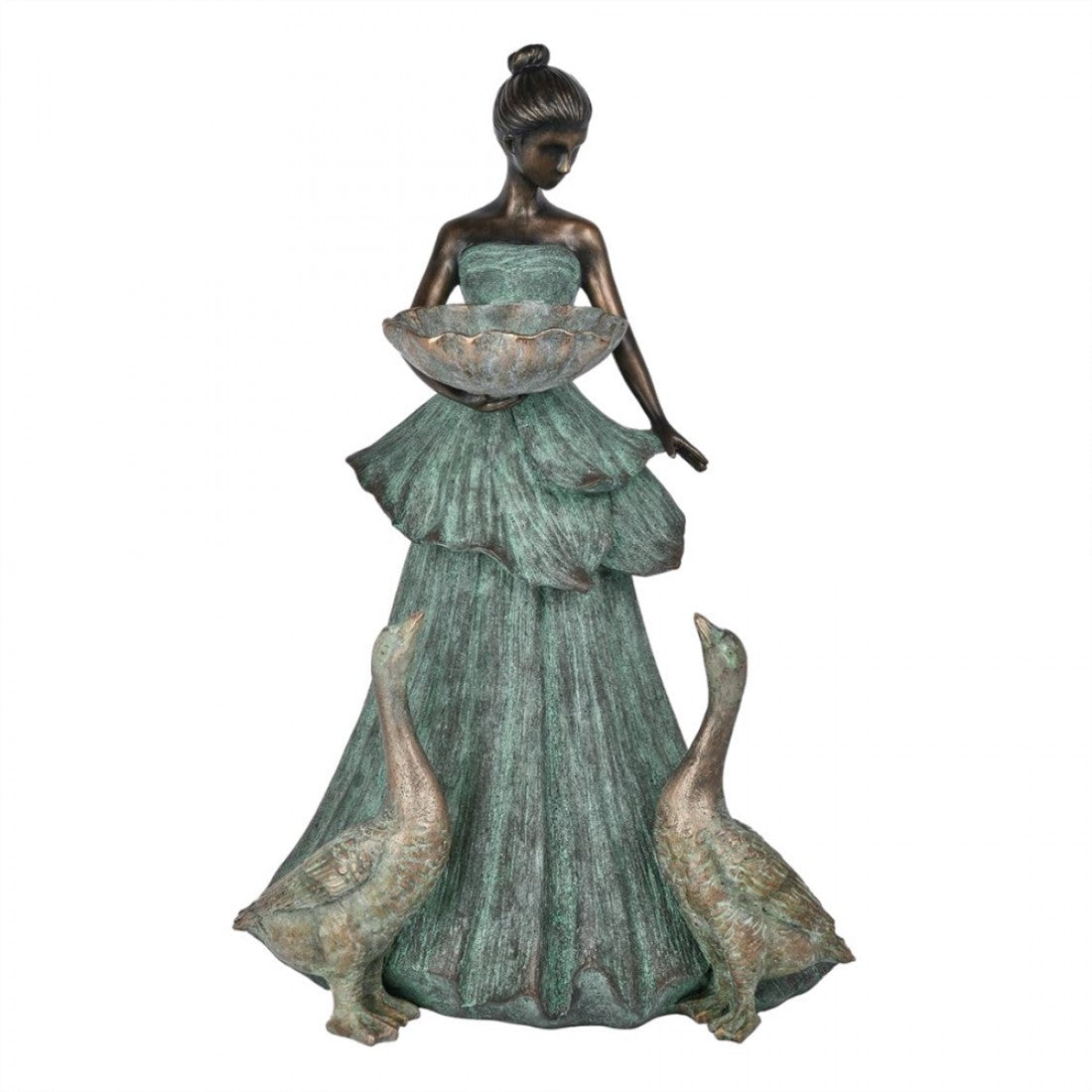 Tall figurine of a lady in a long, layered gown; Lady holds a textured bowl at waist height; Two geese stand at the base on either side; Finish appears in aged green with bronze highlights;