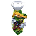 resin material handle with detailed animal figures; bright colours including green, yellow and white; metal bottle opener top; magnet on back (assumed from description);