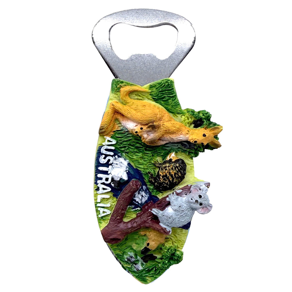 resin material handle with detailed animal figures; bright colours including green, yellow and white; metal bottle opener top; magnet on back (assumed from description);