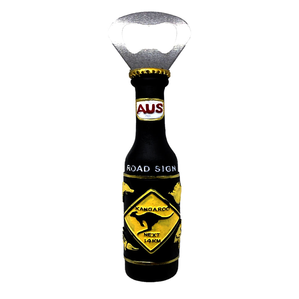 resin material; black bottle shape; yellow kangaroo road sign design; metal bottle opener head; magnet on back;