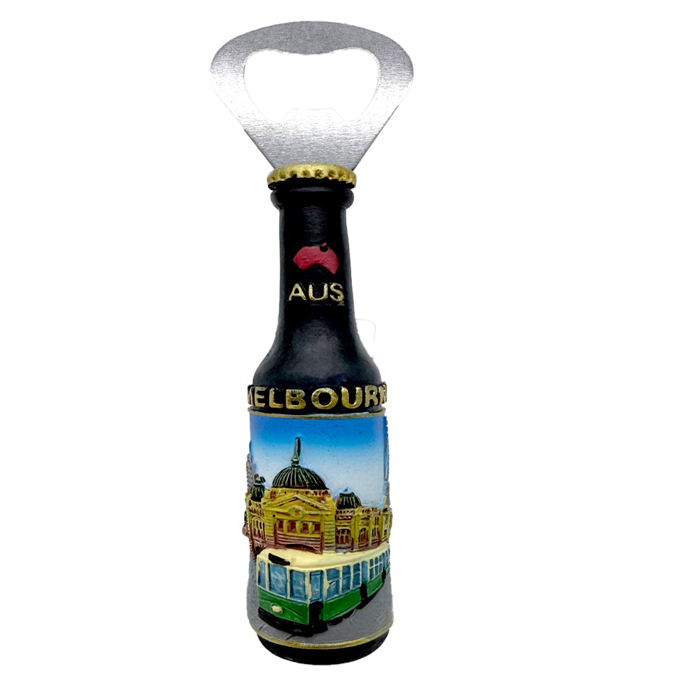 bottle-shaped opener; resin material with painted Melbourne cityscape; magnet attached on back; metal opener head; coloured design with blue sky and green tram;