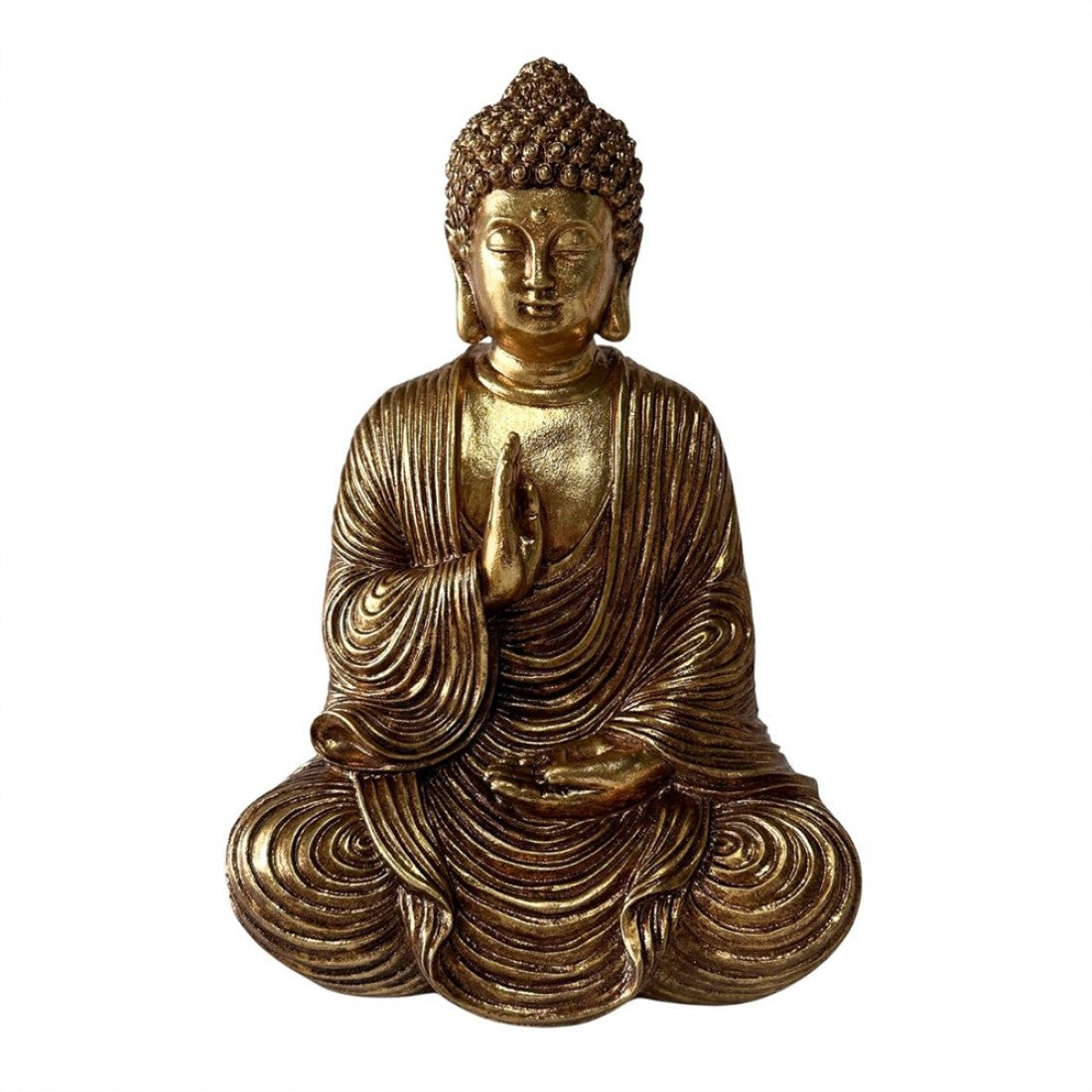 Metallic gold-coloured finish; Seated Buddha figure in meditative pose; Detailed textured robes with flowing lines; Curly textured hair and serene facial features;