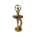 Gold-coloured resin ballerina figurine; Arms raised in overhead ballet pose; Textured, glitter-like tutu and bodice; Round gold base with looped leg design;