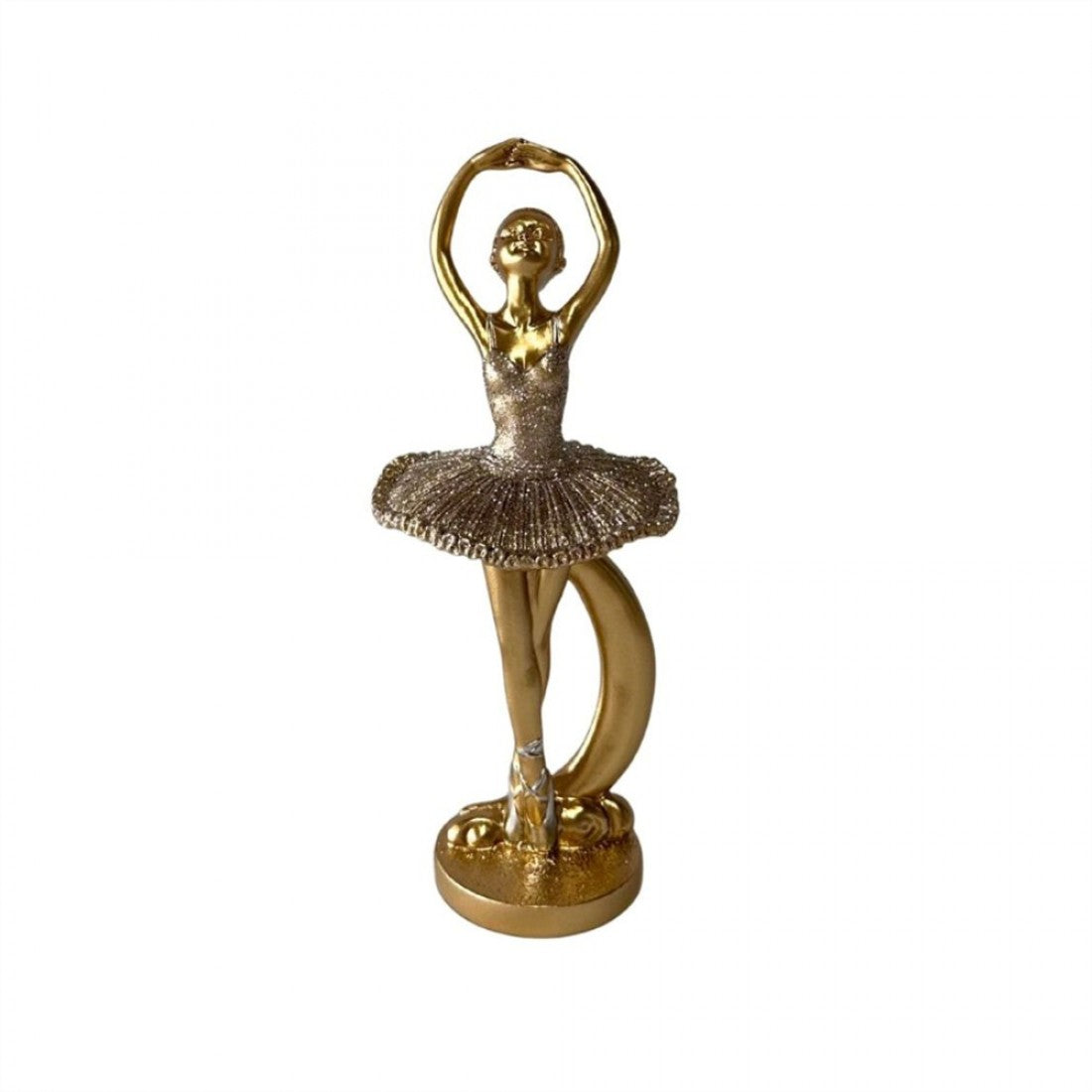 Gold-coloured resin ballerina figurine; Arms raised in overhead ballet pose; Textured, glitter-like tutu and bodice; Round gold base with looped leg design;