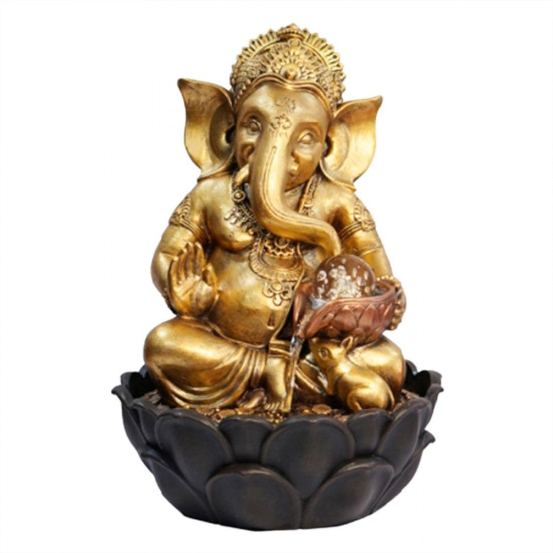 Gold-toned Ganesh statue with intricate detailing; Dark lotus-shaped base; Resin-like material finish; Small animal figure at the base near a bowl feature;