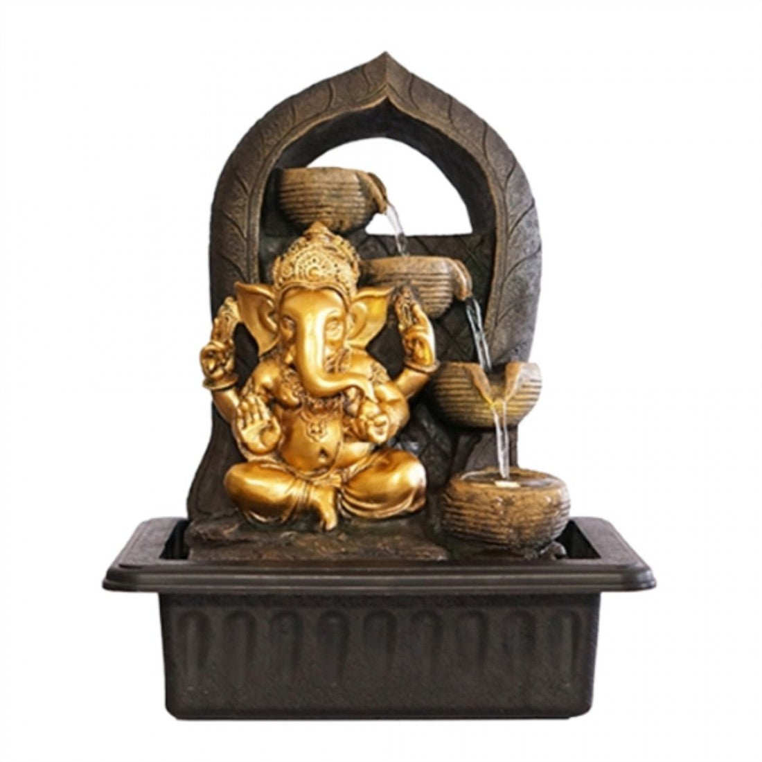 Golden Ganesh statue seated at the front of the fountain; Dark stone-look arch backdrop with leaf-like pattern; Tiered bowl water feature with flowing water streams; Rectangular black base reservoir with moulded detailing;