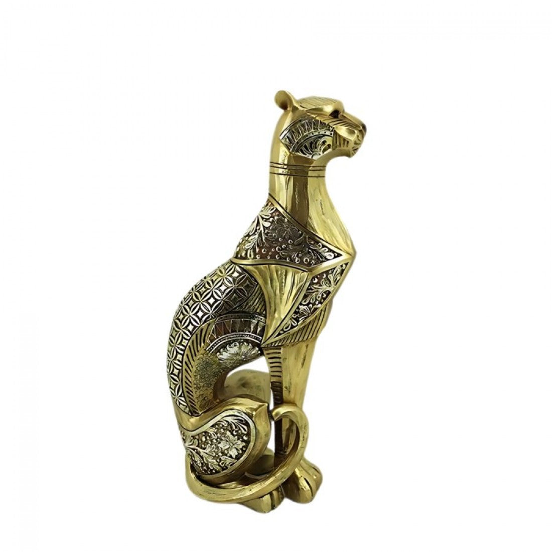 Metallic gold leopard statue with silver accents; Seated, upright pose with curled tail around front paws; Decorative geometric and floral-style etched patterns; Smooth and textured panels creating a detailed finish;
