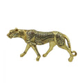 Gold-coloured leopard figurine; Intricate engraved and embossed patterns on body; Walking pose with elongated body and tail curled at tip; Smooth resin-like finish with metallic sheen;