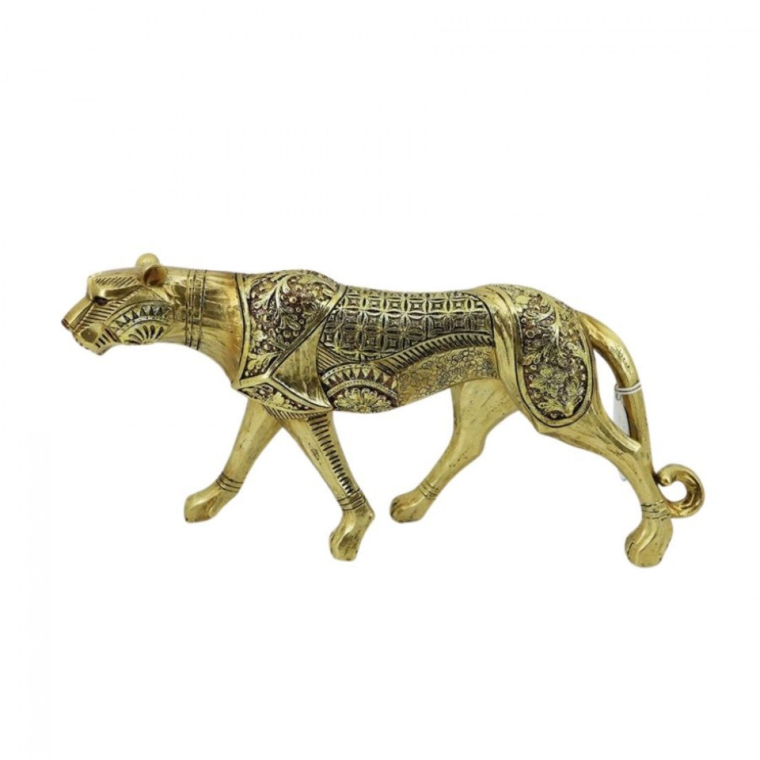 Gold-coloured leopard figurine; Intricate engraved and embossed patterns on body; Walking pose with elongated body and tail curled at tip; Smooth resin-like finish with metallic sheen;