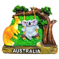 resin material; coloured with green, brown, grey, orange; koala on a swing; kangaroo figure; 'AUSTRALIA' text at base;