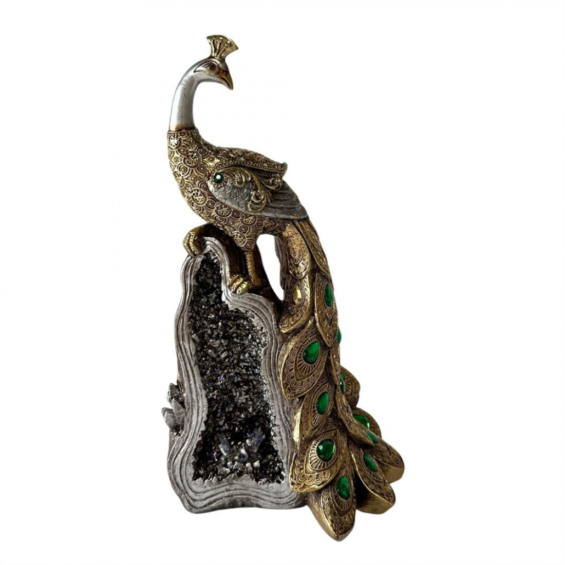 Gold-toned peacock figurine with intricate embossed detailing; Green jewel-like accents on tail feathers; Peacock perched on a grey geode-style rock base; Overall vertical ornament measuring roughly 29cm tall;