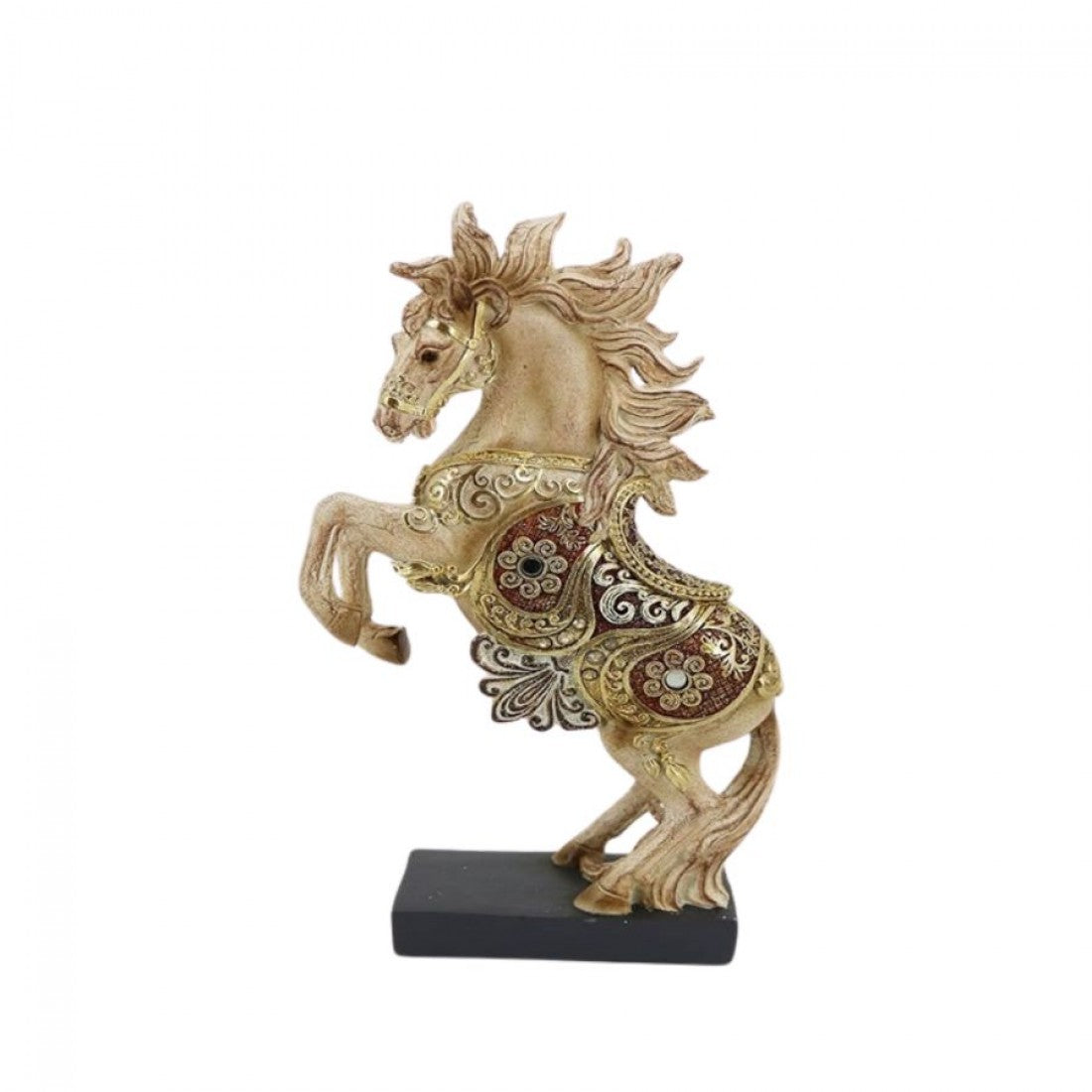Rearing horse figurine made of resin; Gold-toned body with ornate embossed patterns; Red and gold decorative saddle details; Mounted on a black rectangular base; Flowing mane and tail sculpted with texture;
