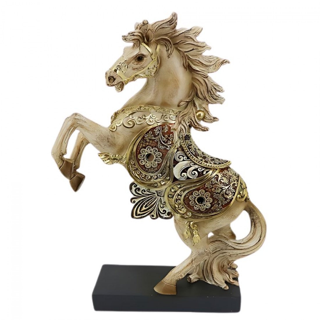 Rearing horse statue in light beige resin finish; Intricate gold and bronze patterned saddle and harness; Mounted on a rectangular black base; Flowing mane and tail with carved-style detail;