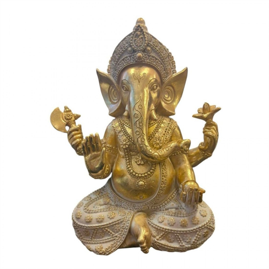 Gold-toned Ganesh figure in a seated pose; Detailed crown and jewellery with embossed patterns; Four arms holding symbolic objects and gestures; Decorated lower garment with raised floral motifs;