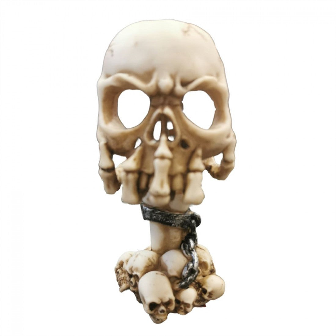 Beige bone-style skull with darker shading in crevices; Candle holder formed by elongated skull and jaw details; Base made of multiple small skulls; Dark metallic-look chain wrapped around the stem; Matte resin-like finish;