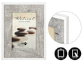 grey stone-textured frame; rectangular shape; fits 10x15cm photos; supports wall hanging and table top display;