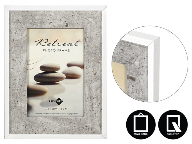 grey stone-textured frame; rectangular shape; fits 10x15cm photos; supports wall hanging and table top display;