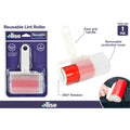 white handle with grip; red roller section; removable clear protective cover; packaged on blue card; 360-degree rotation mechanism;