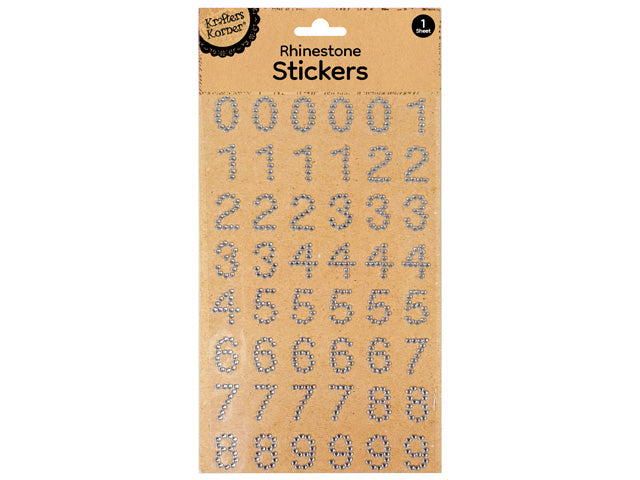 silver rhinestone letters and numbers; brown kraft paper backing; single sheet packaging; letters and numbers arranged in rows; transparent adhesive stickers;