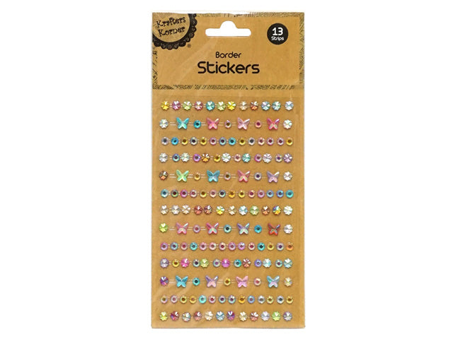 13 strips of border stickers; various colourful rhinestones; flower and butterfly shapes; adhesive sticker backing; brown cardboard packaging with hang tab;