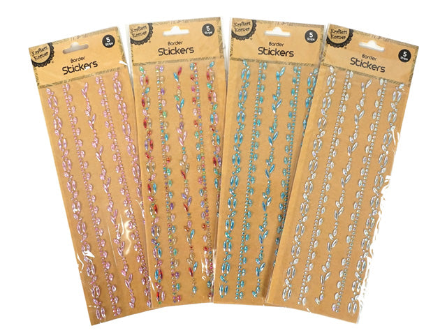 pack of 5 adhesive rhinestone border strips; variety of colours including pink, multicolour, blue, and clear; packaging shows 'Border Stickers' text; each strip features a leaf or gemstone pattern;